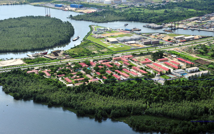 Warri waterways, vegetation and industrial facilities viewed from above